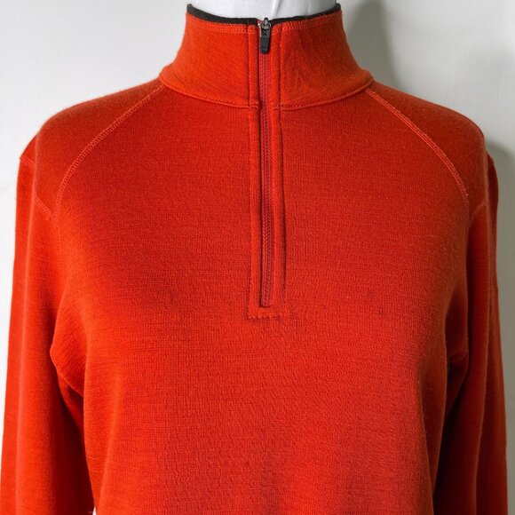 Ibex Women's Orange 100% Wool 1/4 Zip Pullover Mock Neck sweater Size Large - Picture 2 of 16